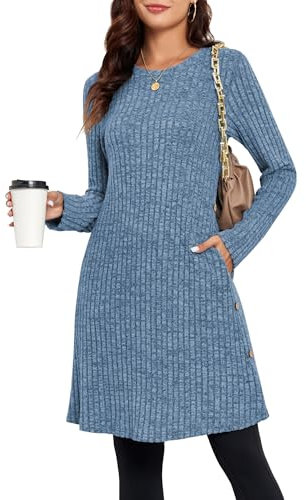 SENBATU Strickkleid Damen Lässiger Rundhalsausschnitt Kleid Damen Gestricktes Midikleid mit Taschen Denim Blau Klein