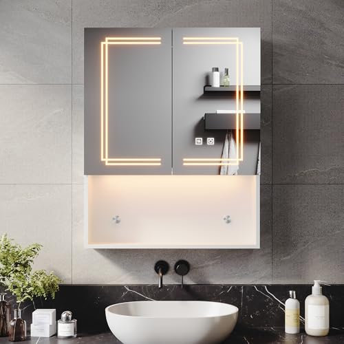 ELEGANT 600x750mm Illuminated Bathroom Mirror Cabinet Double Door with Open Shelf Mirrored Storage Cupboard with 3 Colors Dimmable LED Bathroom Mirror Cabinet with Shaver Socket & Demister Pad White