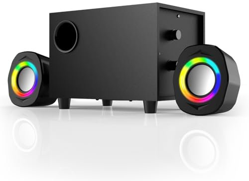 Elimavi Computer Speakers with Subwoofer, 2.1 Wired Stereo System with RGB Satellites, USB-Powered Speakers and 3.5mm Aux-in Cable for PCs, Laptops, Tablets and Phones