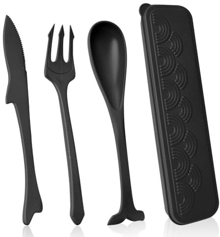 Travel Cutlery Set with Case, Portable Camping Cutlery Set for 1, Cute Ocean Themed Plastic Cutlery Reusable Knife Spoon and Fork Set for Lunch Box School Office Camping Picnic(Black)