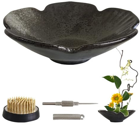 NIUKOMY Ikebana Blumentopf, Keramik Ikebana Vase, Ikebana Blumenvase, Ikebana Blumenarrangement Supplies mit 4 cm Kenzan Blumenfrosch und Reinigungsnadel für Heimdekoration, Blumenform 03