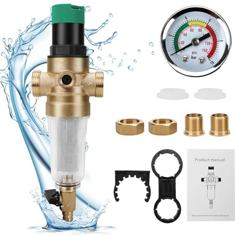Opaltool Druckminderer Wasser mit Manometer, 3/4 Zoll Wasserdruckminderer Druckminderventil mit Selbstreinigendem Siebfilter