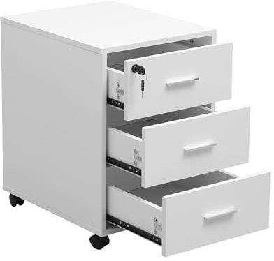 Homullel Office Drawers, Under Desk Pedestal Lockable 3-Drawers Office Storage Unit, Under Desk Drawers Storage Unit, Mobile Flie Cabinet for Office, Home Office Furniture (MDF, White)