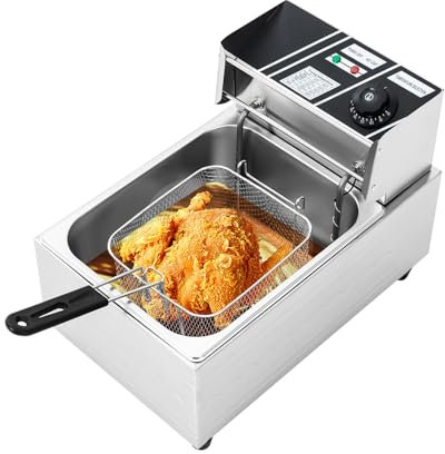 MINRS Friteuse à huile de 6 l avec panier et couvercle, friteuse en acier inoxydable, friteuse de cuisine, zones froides, nettoyage facile, température réglable 60-200 °C, 2500 W, friteuses