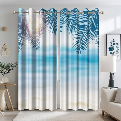 Ttincceer Rideau de Bord de mer pour Chambre océan Tropical Hawaii Rideaux de fenêtre occultants Feuilles de Palmier de Plage Rideaux assombrissants isolés thermiquement 2 Panneaux 117x183cm
