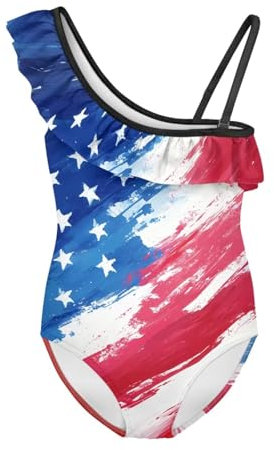 Jndtueit Costume da bagno intero con scollo all'americana con volant e stampa bandiera, Bandiera Vintage Us Blu Rosso, 7-8 Anni