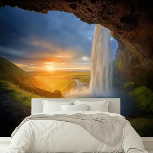 Fototapete Isländischer Wasserfall Sonnenuntergang Vlies Tapete Kinderzimmer - Tapete Moderne Wanddeko 150 x 105 cm Wandtapete für Mädchen Junge Teenager Wohnzimmer, UV-Schutz