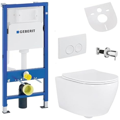 Belvit Wall-Mounted Toilet Complete Set with Bidet Function - Wall Toilet White with Taharet and Geberit UP100, Toilet Lid with Soft-Close Mechanism, Nano Glaze, Actuator Plate and Shut-off Valve