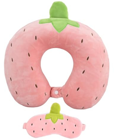 Nackenkissen Kinder, Reisekissen Memory Foam, Ultraweich Waschbar Ergonomisches Nackenstützkissen mit Niedlichem Tier Cartoon Design für Auto, Flugzeug, Büro und Zuhause, mit Schlafmaske (Rosa)