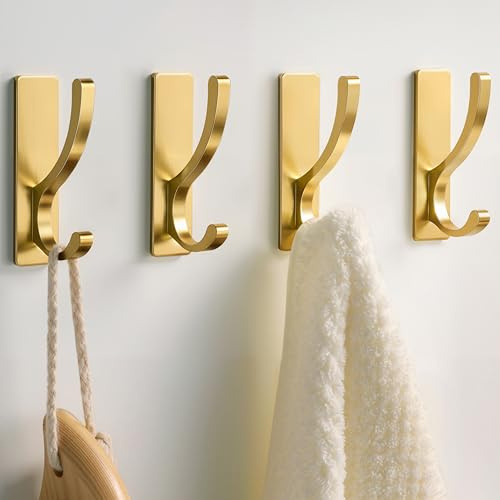 Adhesive Wall Hooks for Towels Coats - Stick On Hooks Hanging Heavy Duty (13lb), Metal Hook for Door, Bathroom, Dorm, Closet - Hanger for Purse, Bag, Robe,Backpack - No Damage to Wall - Gold 4 Pack