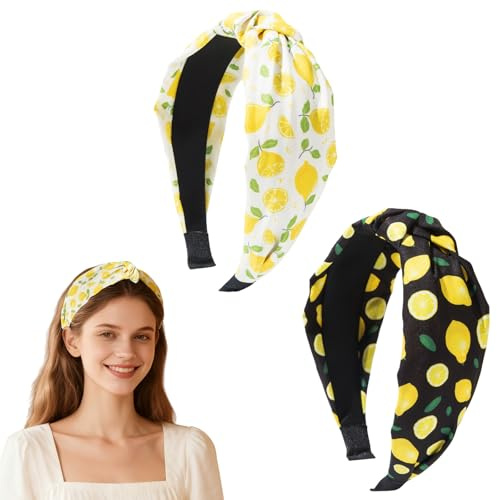 OuryTech Ladies' Headbands, 2 Pack Lemon Headbands Braided Non-Slip Top Knot Hairband Hair Accessories