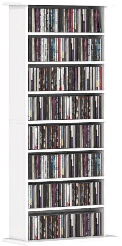 HOMCOM Mobile Porta CD con 6 Ripiani Regolabili 58x24x126.3 cm Bianco | Scaffale Porta 360 CD/185 DVD, Salvaspazio Legno, Mobile Portacd con 8 Scomparti, per Soggiorno Camera da Letto Ufficio