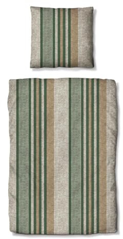 Traumschlaf Feinflanell Bettwäsche Mountain Stripe Forest – Warme Winterbettwäsche aus 100% Baumwolle – Kuschelige Flanell Bettgarnitur im modernen Streifendesign – 155x220 cm + 80x80 cm