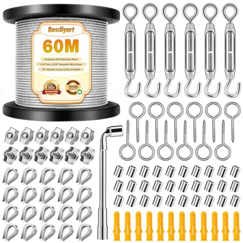 94 Pcs Wire Rope Kit, 60M/197FT 2MM 304 Stainless Steel Garden Wire - PVC Coated with M4 Turnbuckles for Climbing Plants, String Lights, Picture Hanging, Clothes Line, Trellis, Fence & Tent Rope