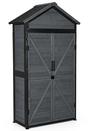 M MCombo Gartenschrank Gartenhaus Holz Metgallgestell Wetterfest, Gerätehaus Outdoor, für Außenbereich Garten Terrasse, Geräteschuppen mit 2 Bewegliche Regale, 45×90×165 cm, 2736 (Grau)