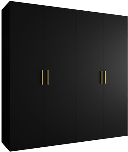 MEBLE KRYSPOL - Kleiderschrank - Garderobenschrank - 200 cm x 202 x 52 cm - Schrank mit Kleiderstange, 4 Türen - für Schlafzimmer, Flur - BARI, Schwarz, Griff Gold