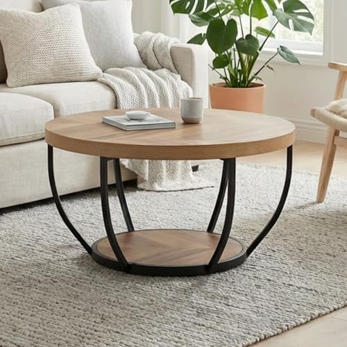 Home Collective Couchtisch Ø 80 cm rund, moderner Beistelltisch mit 2 Ablagen, Wohnzimmertisch mit Metallgestell 46 mm Tischplatte, Sofa-Tisch, idealer Ablagetisch für Wohnzimmer Deko | Eiche dunkel