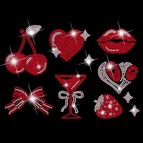 SUPERDANT 7 Stück Niedliches Mädchen Zeug Strass Transfer zum Aufbügeln Lippen Kirschen Herzen Schleifen Strass Hotfix Transfer Patch Für T Shirts Kleidung Jacke Hoodie DIY Kunst Basteln Geschenk