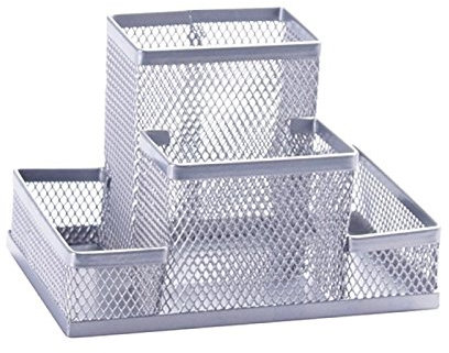Q-CONNECT KF15113 Schreibtisch-Organizer 4 Fächer/aus Lackiertem Metallgeflecht/Silbern/Schreibtischorganizer/Mesh Metall Büro-Organizer Desk Organizer/mit Gummifüßen/ 15,3 x 10,3 x 10,0 cm