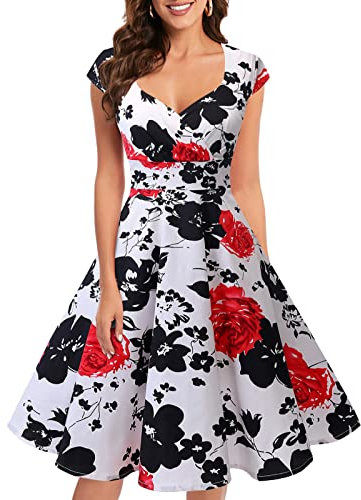 Bbonlinedress Robe Femme de Soirée Cocktail Vintage Femme Chic Courte pour Mariage Invité Gala Fête Témoin Anniversaire Col Carré Red Flower S