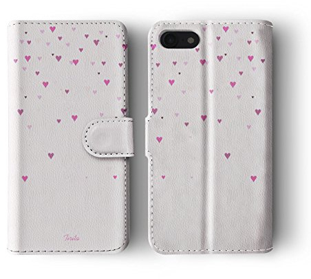 Compatible with iPhone X & Xs Tirita Flip Wallet Case Cover PU Leather PRINTED GLITTER, NOT REAL GLITTER Floating Hearts Glitter Marble Rose Gold Pink Cream