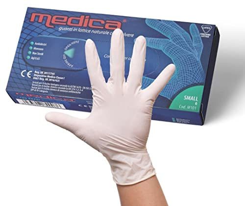 Cura Farma Guanti Lattice Monouso con Talco Polvere (Taglia Small). Confezione 100 Guanti. Uso Medico. Da Lavoro