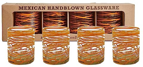 Verve CULTURE Mundgeblasene Trinkgläser, Set mit 4 orangefarbenen Wirbeln, authentische mexikanische Glaswaren, Fassungsvermögen: 370 ml