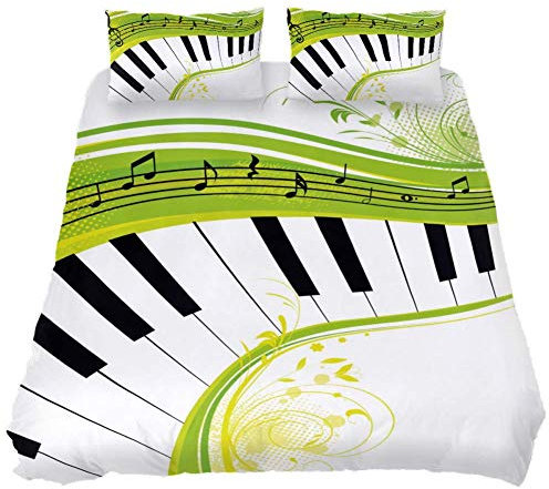 Eslifey Green Music Piano Keyboard Soft 3-teiliges Bettbezug-Set 149,9 x 189,9 cm Bettwäsche-Set für Damen und Herren, Mehrfarbig, Twin 59 x 79/19 x 29 in