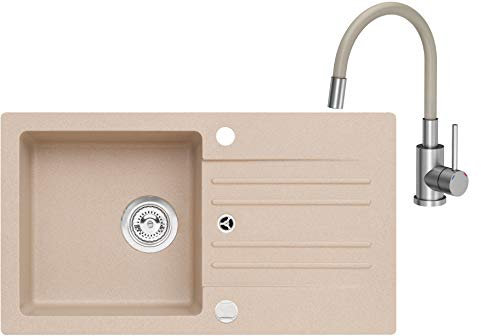 VBChome Spüle mit Armatur 75 x 42 Beige mit Spültischarmatur Granit Einzelbecken Einbauspüle gesprenkelt reversibel Siphon Wasserhahn Einhebel