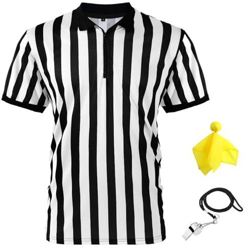 Herren Offiziell Schiedsrichter Trikot, Schwarz Weiß Streifen Hemd mit Umgedrehtem Kragen, Gelb Elfmeter Flagge und Edelstahl Pfeife mit Lanyard für Basketball Fußball (S)