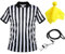 Herren Offiziell Schiedsrichter Trikot, Schwarz Weiß Streifen Hemd mit Umgedrehtem Kragen, Gelb Elfmeter Flagge und Edelstahl Pfeife mit Lanyard für Basketball Fußball (S)