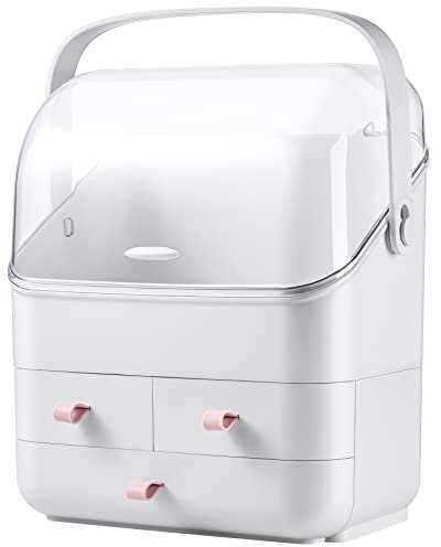 LINFIDITE Cosmetic Storage Box with Lid Makeup Organizer Box with Dust Free Cover Portable Handle,Large Makeup Display Case with Drawers Fully Open Lid,Great for Bathroom Countertop Bedroom Dresser