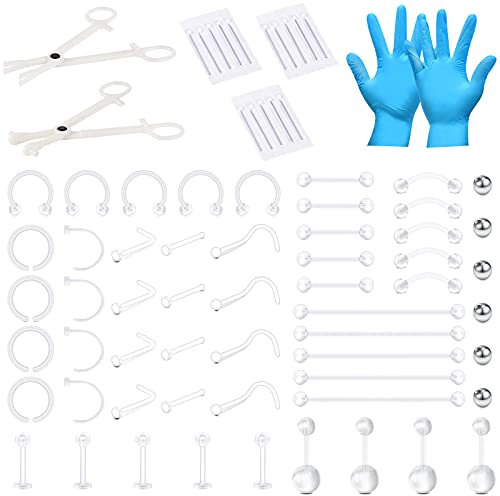 NIUSIMAN 80 Stück Piercing Set Retainer mit Klemmhandschuhen Körperpiercing Werkzeugset für Bauchnabel Zunge Brustwarze Augenbraue Lippe Septum Nase Ohr Piercing-Transparent