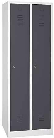 Schrank & Stuhl Spind – Metallspind mit 2 Abteilen, Schließfachschrank mit Hutboden, 30 cm Abteilbreite, Lieferung komplett montiert (Grau/Anthrazit, mit Zylinderschlössern)