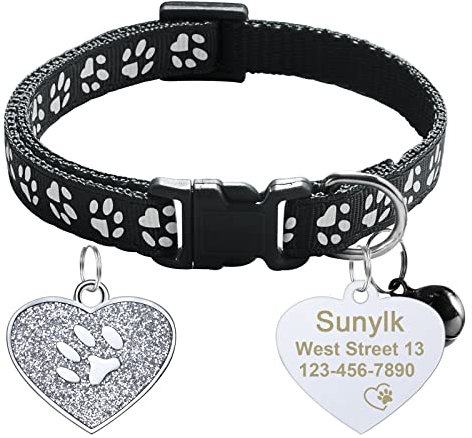 CAMAL Katzenhalsband mit Herzform Hundemarke Personalisiert, Katzenhalsband mit Sicherheitsverschluss und Glocke, Haustierhalsband für Katzen und Welpen Verstellbar 19–32 cm (Schwarz)