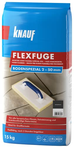 Knauf Flexfuge Bodenspezial Samtschwarz 15 kg, zum Verfugen von allen keramischen Fliesen und kratzbeständigen Natursteinen im Innen- & Außenbereich, ideal bei unregelmäßigen Fugen, selbstverlaufend