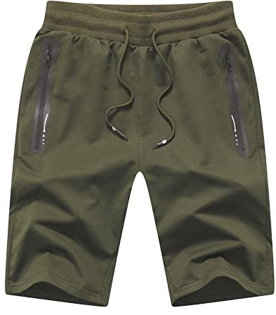 JustSun Kurze Hosen Herren Shorts Jogginghose Sporthose Herren Kurz mit Reissverschluss Tasche Sommer Shorts Herren Sport Trainingshose Kurz Armeegrün M
