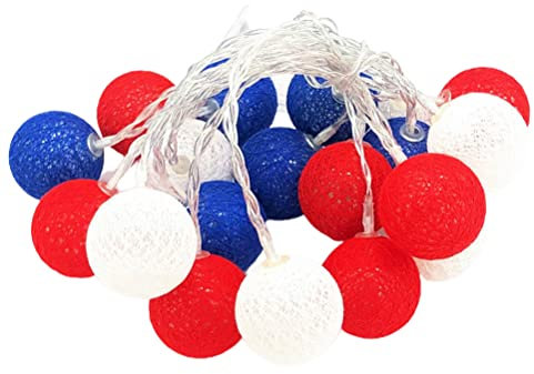 Cadena de luces con bolas rojas, blancas, azules, luces LED rojas, blancas, azules, 3 m, 20 luces, decoración de jardín, funciona con pilas, cadena de farolillos
