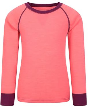 Mountain Warehouse Merino Kids Round Neck Thermal Baselayer Top – Long Sleeve, Lightweight, Antibacterial, Breathable & Quick Dry T-Shirt - Travelling & Outdoors Bright Pink Kids Size 9-10 Years