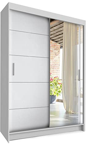 COMFATRA Nevada 150cm Modern Double Wardrobe with Sliding Doors Mirror Wardrobe, 2 Door Wardrobe with Hanging Rails & Adjustable Shelves, Space Saving Wardrobe for Bedroom Furniture (White)