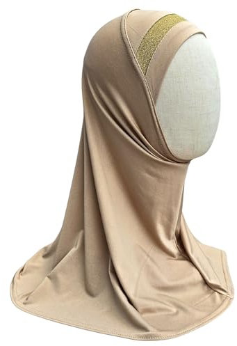 Yaqeen Mädchen Kopftuch Hijab Al Amira mit Glitzerbordüre – Einteilig, stretchiges Lycra, bequem, islamisch, ideal für Schule, Ramadan, Eid, Beige