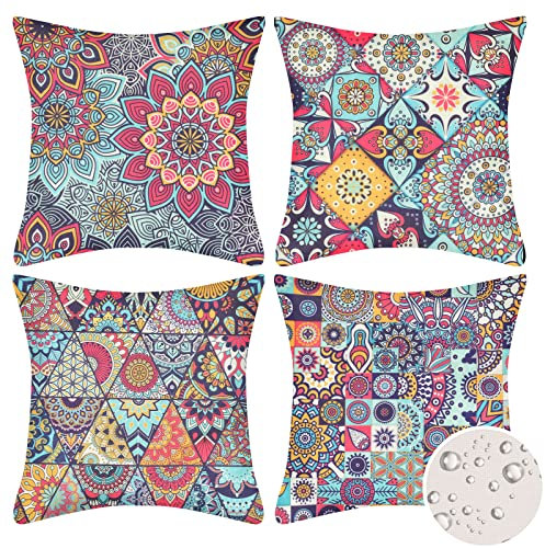 Velvhom 4er Set wasserdichte Kissenbezug 50x50 Mandala Blume Muster Boho Leinen Kissenhülle Dekokissen Ethno Sofa Kissen Dekorativ Kissenhülle Kissenbezüge für Outdoor Balkon Terrasse Zuhause