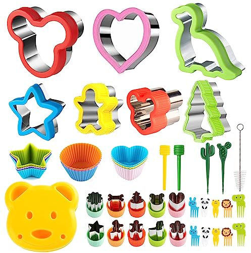 Ausstechformen Ausstecher Brot und Gemüse Kinder - 42 Stück Edelstahl Brot Ausstecher Set, Enthalten Sanwich Gemüse Obst Ausstecher&Obstgabel Dinosaurier Micky Stern
