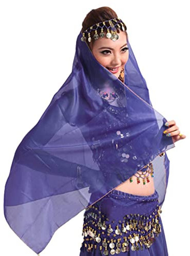Hotfiary Chiffon Bauchtanz Kopf Schleier für Frauen Mädchen Münzen Retro Kopfbedeckung Schal Kopfbedeckung Bauchtanz Kostüm Zubehör