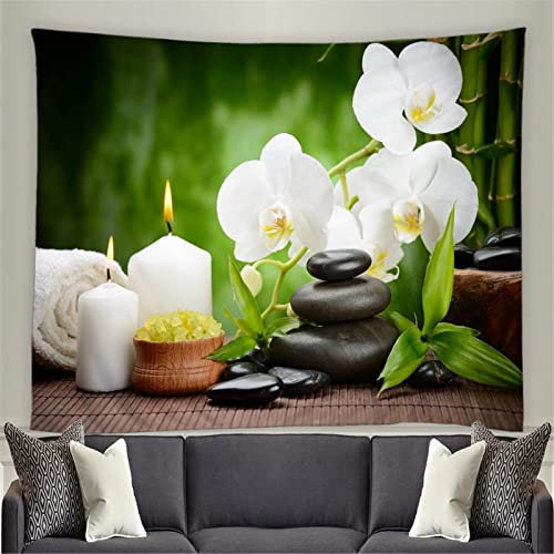 Zen Style Tapisserie Vert Fleur De Bambou Pierre Volcanique Paysage De Printemps Salon Décoration Murale Dortoir Chambre Chevet Toile De Fond Tissu 150X130cm