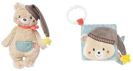 Fehn Kuscheltier Bär Bruno – Weicher Teddybär für Neugeborene als Einschlafhilfe & Soft Bilderbuch Bruno – Baby Fühlbuch aus Stoff mit Tier Motiven