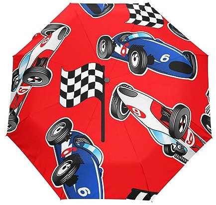 Boccsty Parapluie automatique de voitures de course rouge blanc bleu coupe-vent imperméable protection UV parapluie de voyage – 3 plis ouverture automatique/fermeture bouton soleil et pluie parapluie