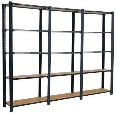 SimonRack Metallregal, 5 Regalböden, Holz, hohe Tragfähigkeit 200 kg, 2100 x 2400 x 300 mm, Regal für Büro, Anthrazit/Holz Osb