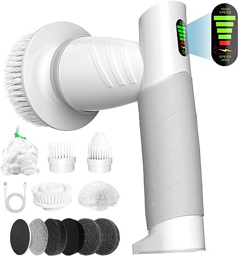 ERAVOR Cepillo de limpieza eléctrico giratorio, cepillo de limpieza eléctrico de doble velocidad con 9 cabezales de cepillo para limpiar bañera, azulejos, suelo, estufa, fregadero, cocina, coche