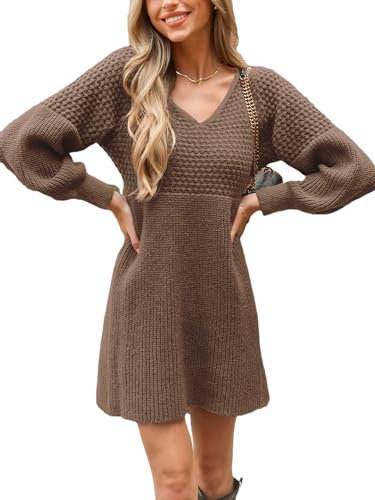 CUPSHE Damen Strickkleid Pullikleid V Ausschnitt Langarm Wabenmuster Feinstrick Pulloverkleid Knit Sweater Mini Dress Kaffee L